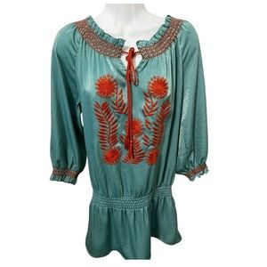 Ivy Jane Blouse- light teal shimmer w/rust color embroidery- tassel tie- size S
